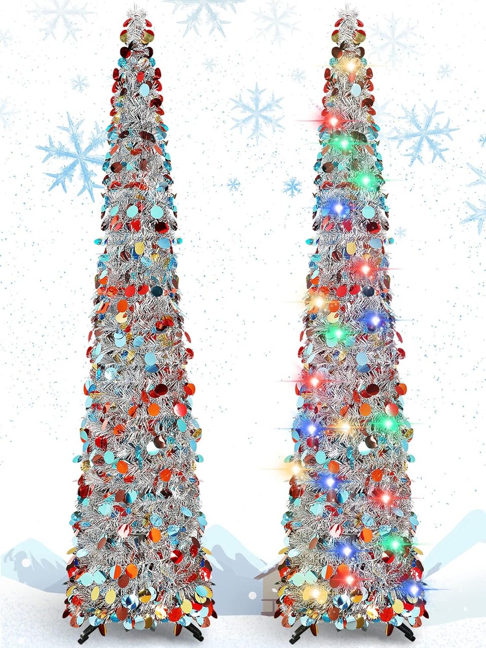 5 ft Pre-lit Pop up Silver Christmas Tinsel Tree(Silver)16"D x 16"W x 60"H
